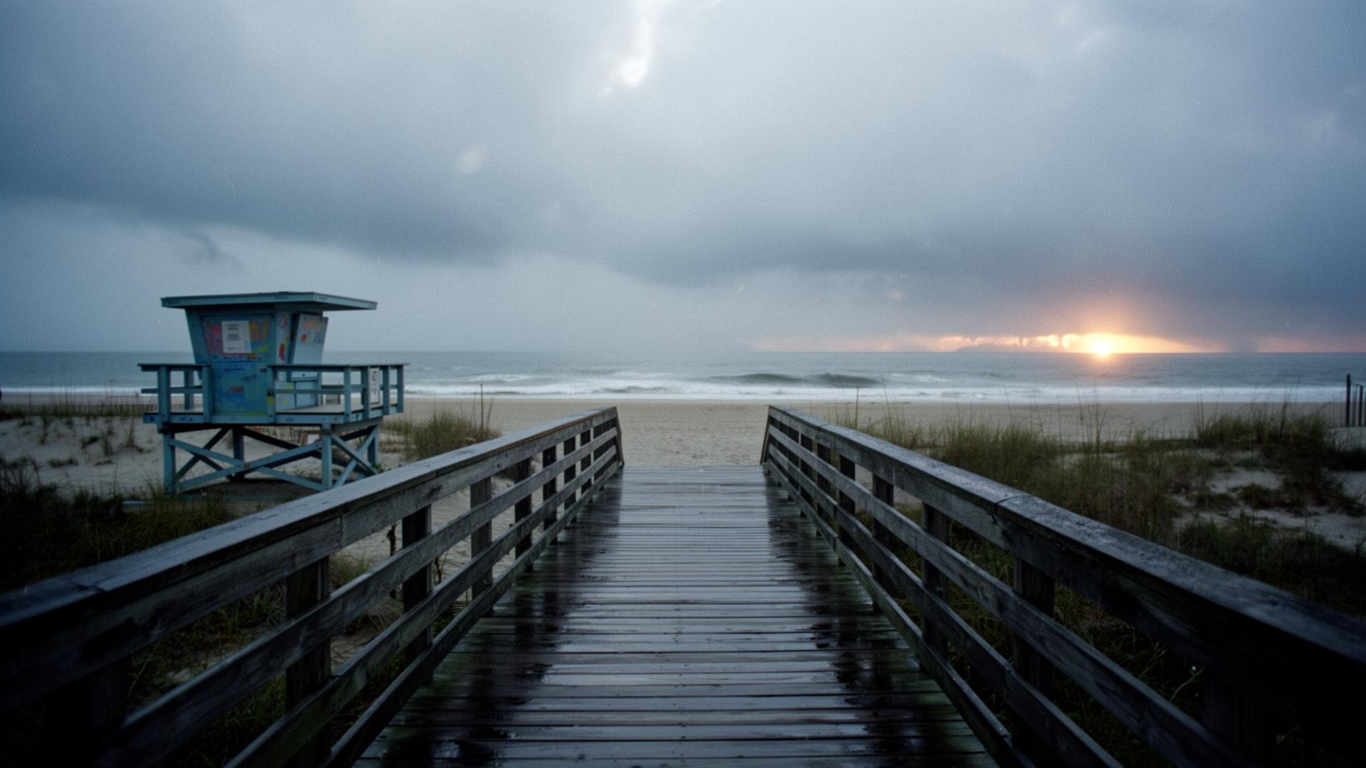 Overcast Atlantic surf line along the Long Island barrier at blue hour